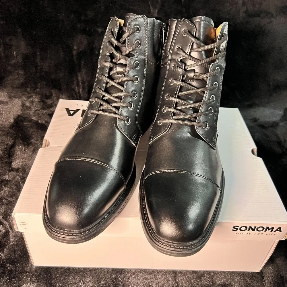 Sonoma Goods For Life Mateyo Mens 11.5 Black Leather Memory Foam Lace-Up Boots